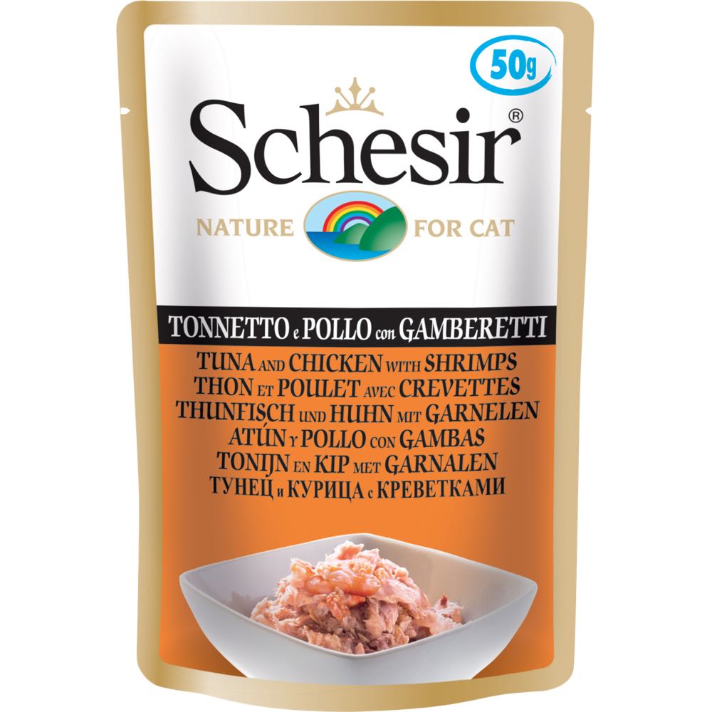 "Schesir Tuna, Chicken With Shrimps Adult Pouch Cat Food 50g x 12"