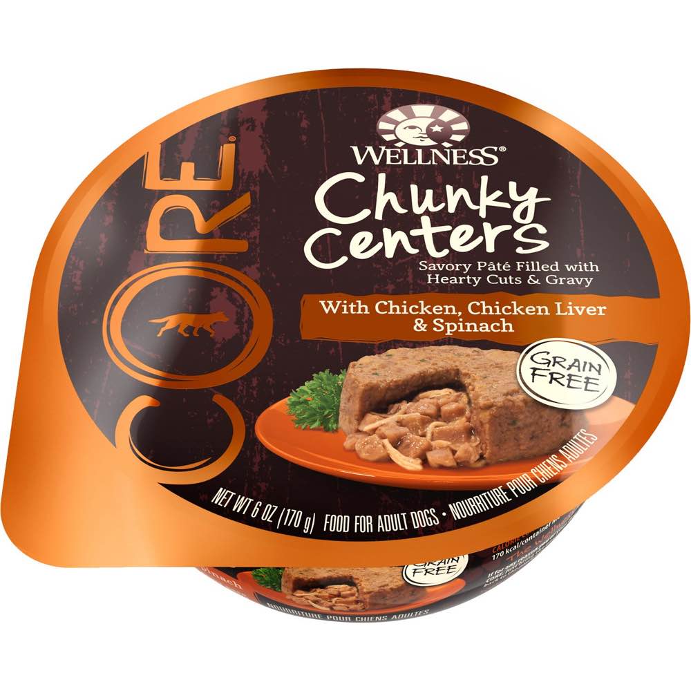 "BUY 3 GET 1 FREE: Wellness CORE Chunky Centers Chicken, Chicken Liver & Spinach Wet Dog Food 6oz"