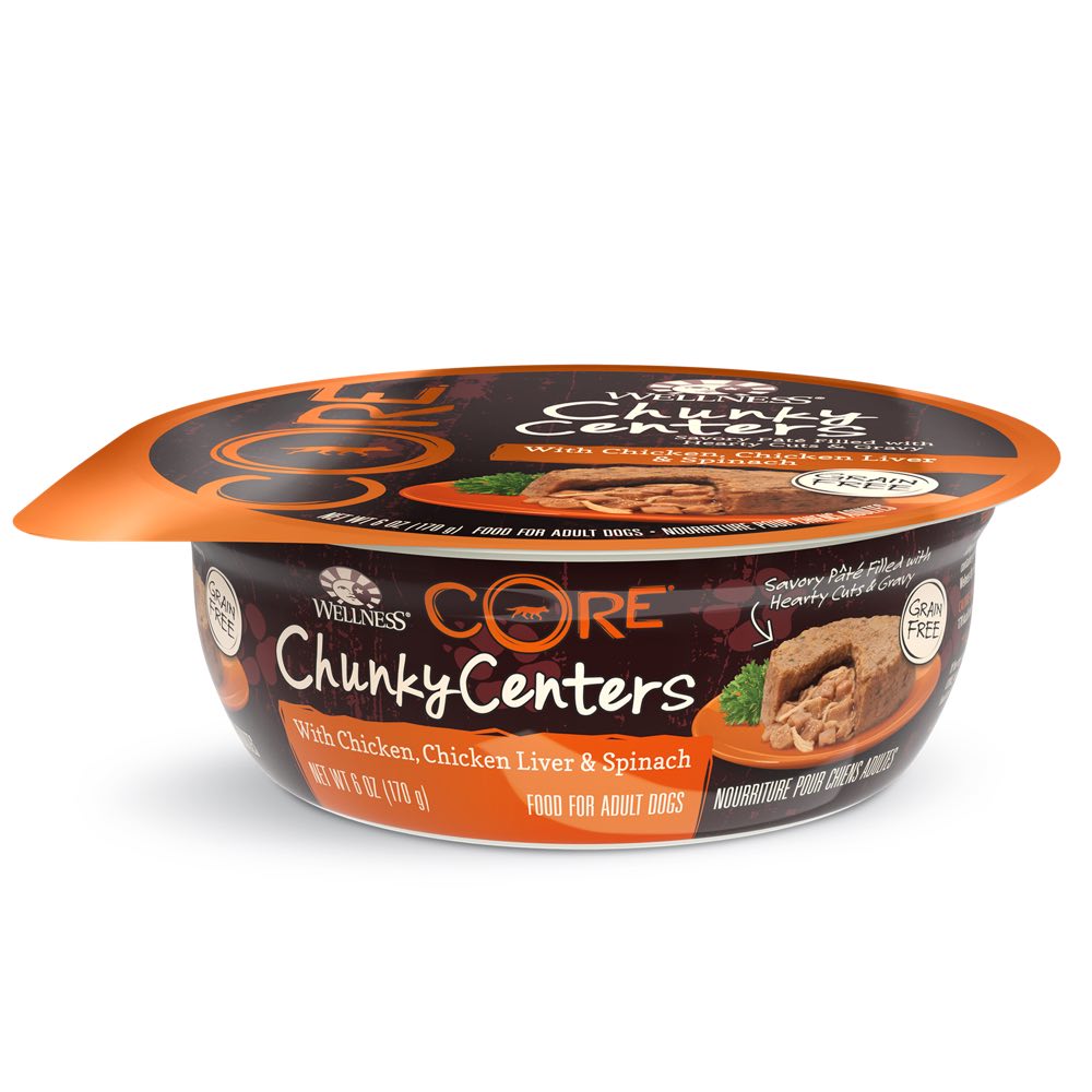 "BUY 3 GET 1 FREE: Wellness CORE Chunky Centers Chicken, Chicken Liver & Spinach Wet Dog Food 6oz"
