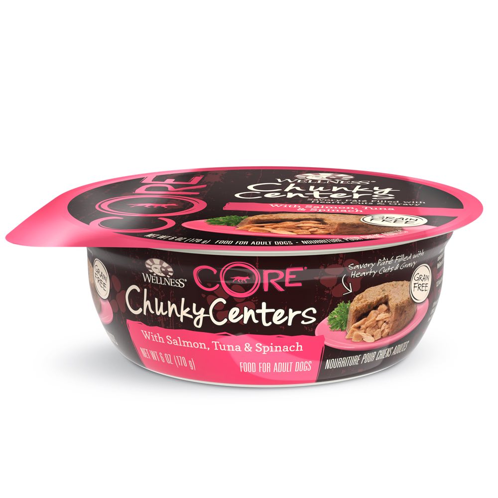 "BUY 3 GET 1 FREE: Wellness CORE Chunky Centers Salmon, Tuna & Spinach Wet Dog Food 6oz"