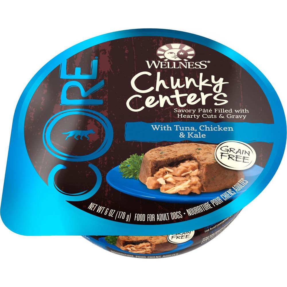"BUY 3 GET 1 FREE: Wellness CORE Chunky Centers Tuna, Chicken & Kale Wet Dog Food 6oz"