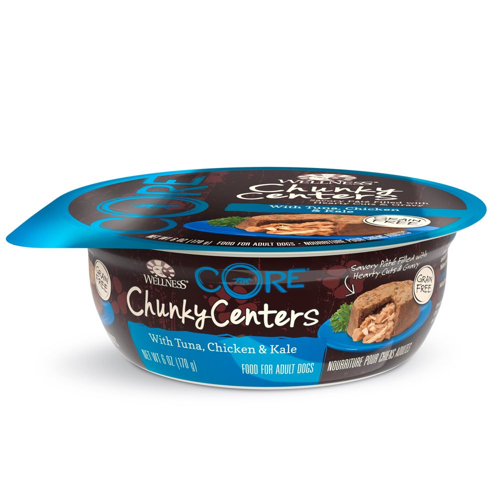 "BUY 3 GET 1 FREE: Wellness CORE Chunky Centers Tuna, Chicken & Kale Wet Dog Food 6oz"
