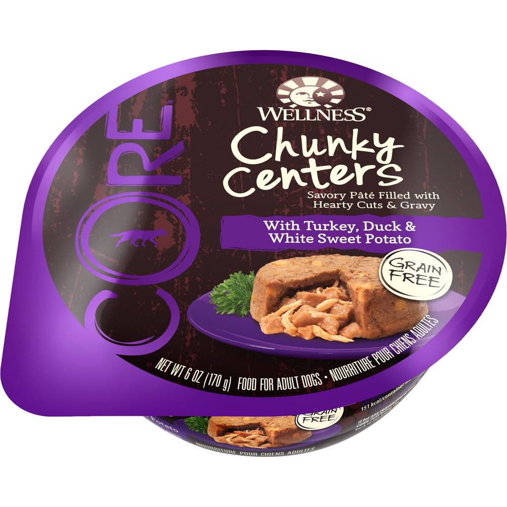 "BUY 3 GET 1 FREE: Wellness CORE Chunky Centers Turkey, Duck & White Sweet Potato Wet Dog Food 6oz"