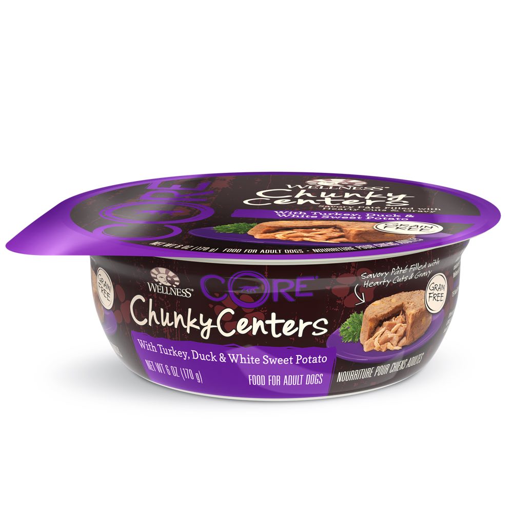 "BUY 3 GET 1 FREE: Wellness CORE Chunky Centers Turkey, Duck & White Sweet Potato Wet Dog Food 6oz"